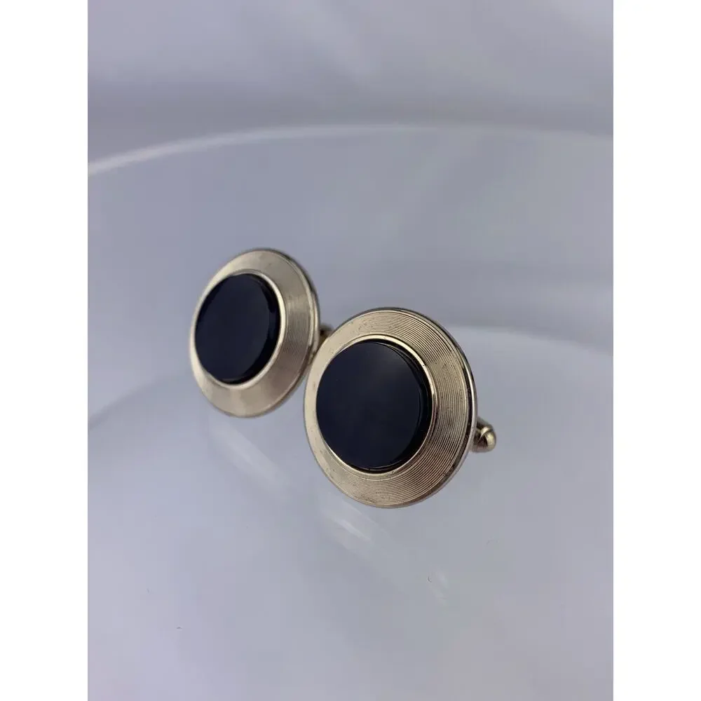 Black Onyx Gold Vermeil Sterling Silver Cufflinks Modern Large Plated Vintage